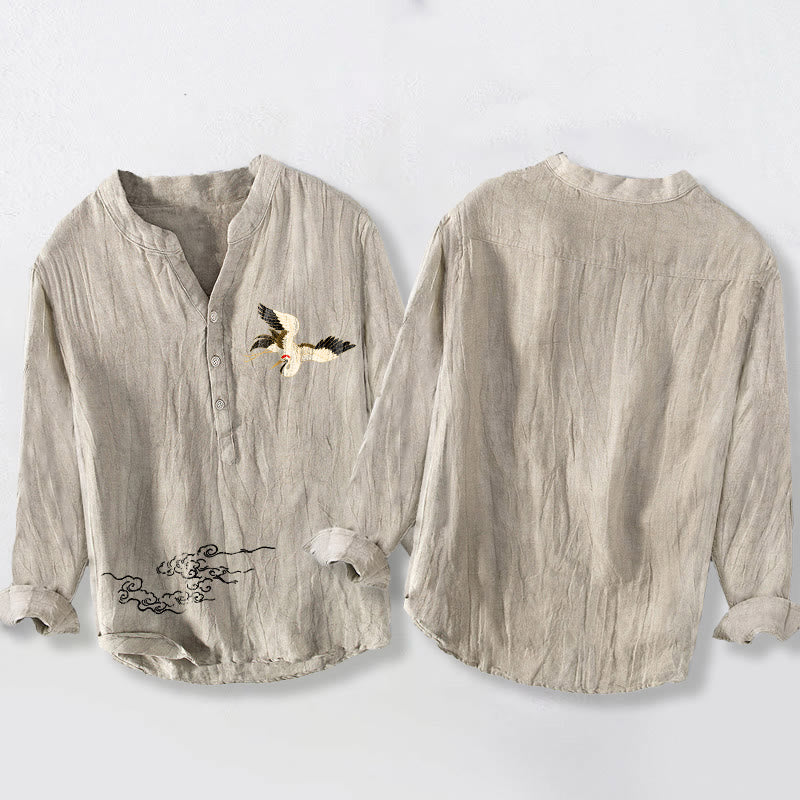 Camicia da uomo in cotone e lino a maniche lunghe con motivo Buddha Stones Crane e nuvole di buon auspicio, bottoni a metà - image 5