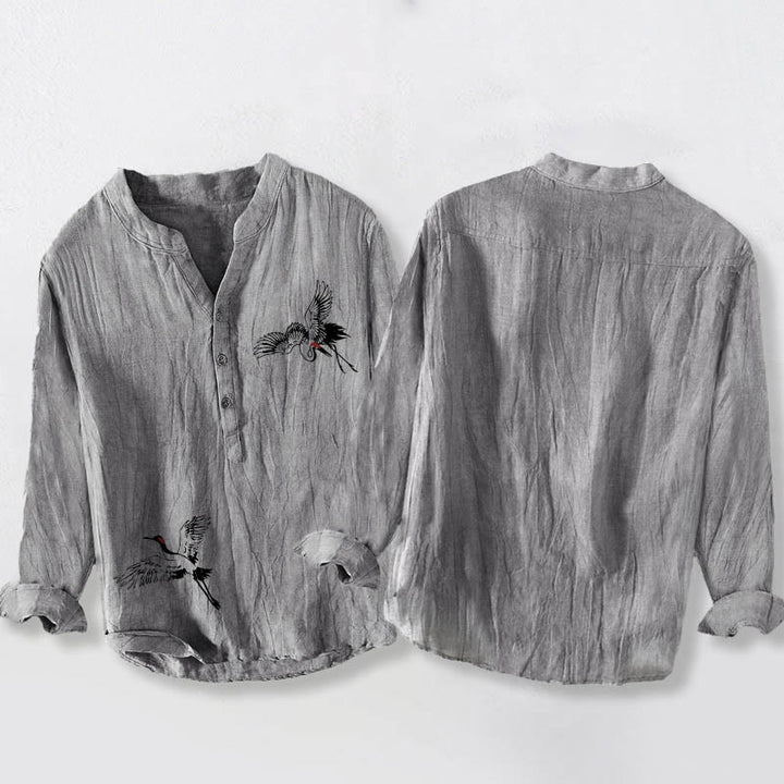 Camicia da uomo in cotone e lino a maniche lunghe con motivo a gru coronata rossa Buddha Stones, bottoni a metà - image 5