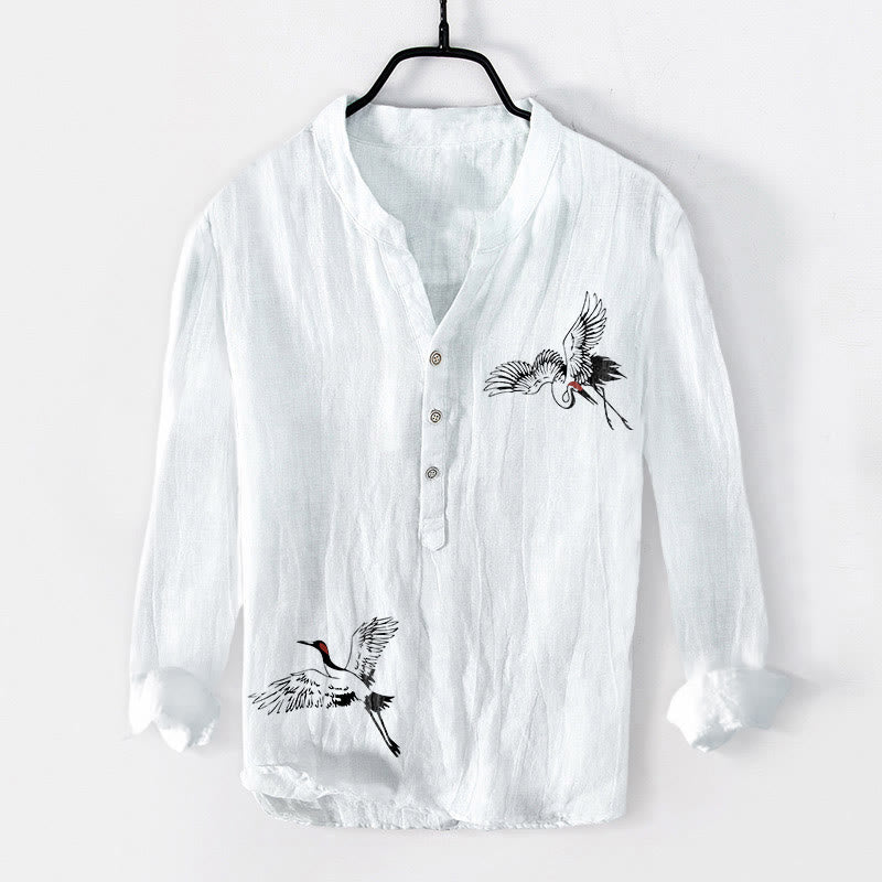 Camicia da uomo in cotone e lino a maniche lunghe con motivo a gru coronata rossa Buddha Stones, bottoni a metà - Bianco - US/UK/AU50, EU60 (5XL) - image 0