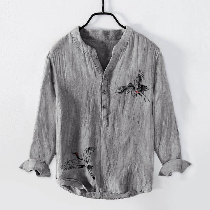 Camicia da uomo in cotone e lino a maniche lunghe con motivo a gru coronata rossa Buddha Stones, bottoni a metà - Grigio - US/UK/AU50, EU60 (5XL) - image 3