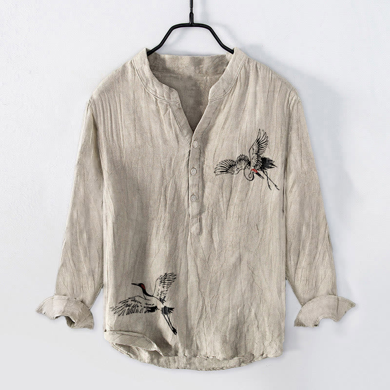 Camicia da uomo in cotone e lino a maniche lunghe con motivo a gru coronata rossa Buddha Stones, bottoni a metà - Biancheria - US/UK/AU50, EU60 (5XL) - image 6