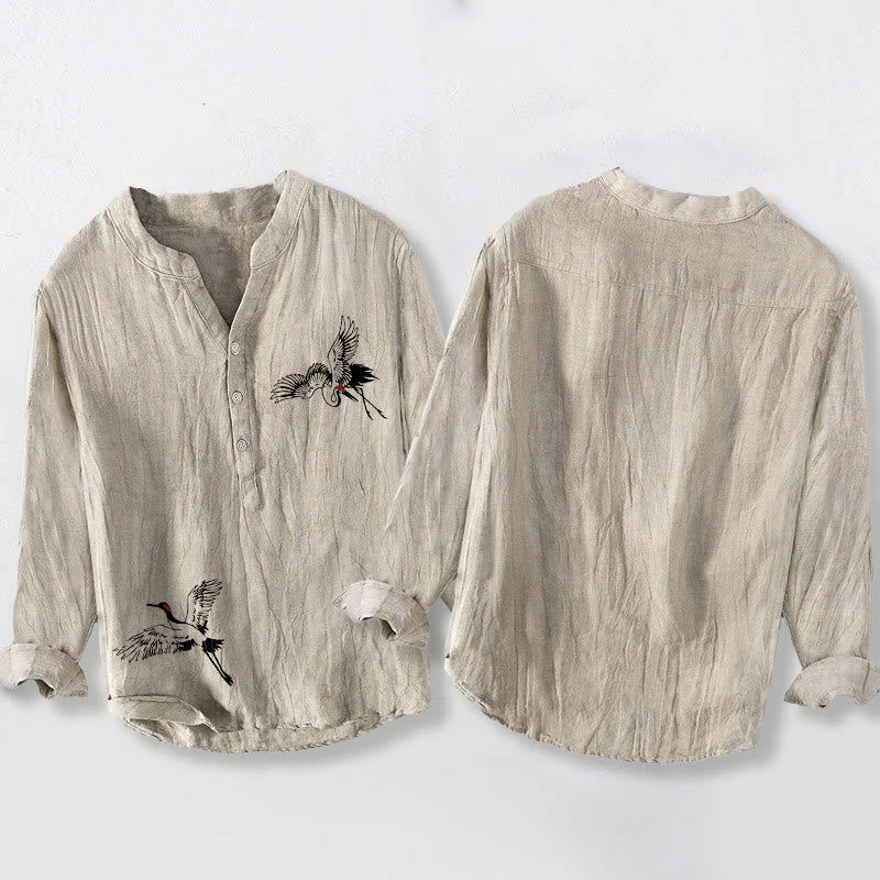 Camicia da uomo in cotone e lino a maniche lunghe con motivo a gru coronata rossa Buddha Stones, bottoni a metà - image 8