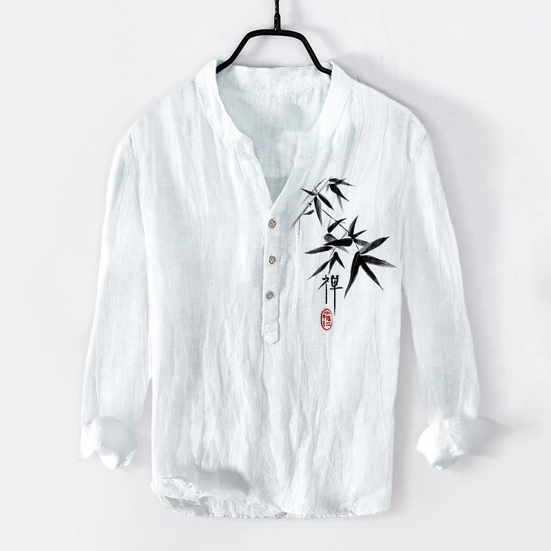 Camicia da uomo in cotone e lino a maniche lunghe con motivo Buddha Stones Bamboo Zen Character e bottoni a metà - Bianco - US/UK/AU50, EU60 (5XL) - image 6