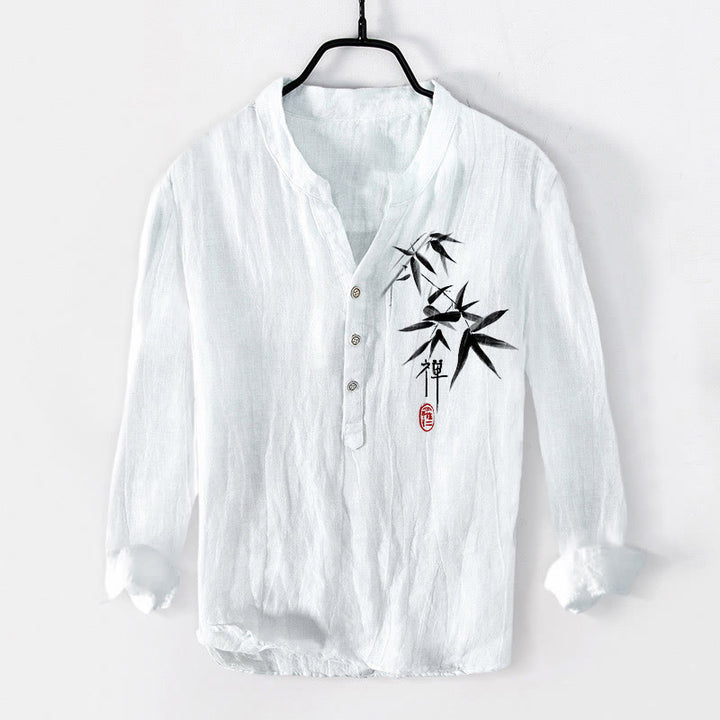 Camicia da uomo in cotone e lino a maniche lunghe con motivo Buddha Stones Bamboo Zen Character e bottoni a metà - Bianco - US/UK/AU50, EU60 (5XL) - image 6