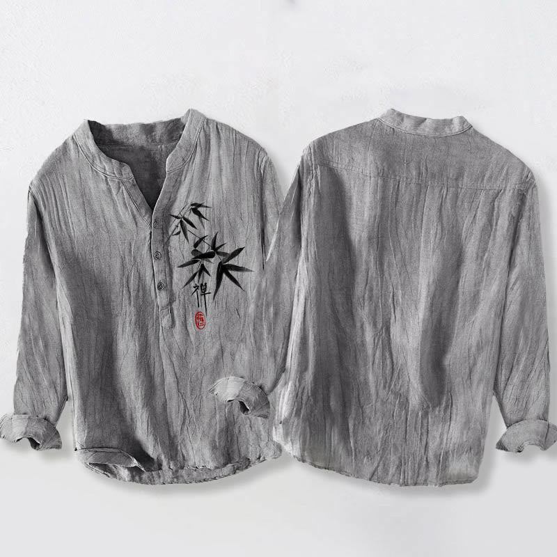 Camicia da uomo in cotone e lino a maniche lunghe con motivo Buddha Stones Bamboo Zen Character e bottoni a metà - image 5