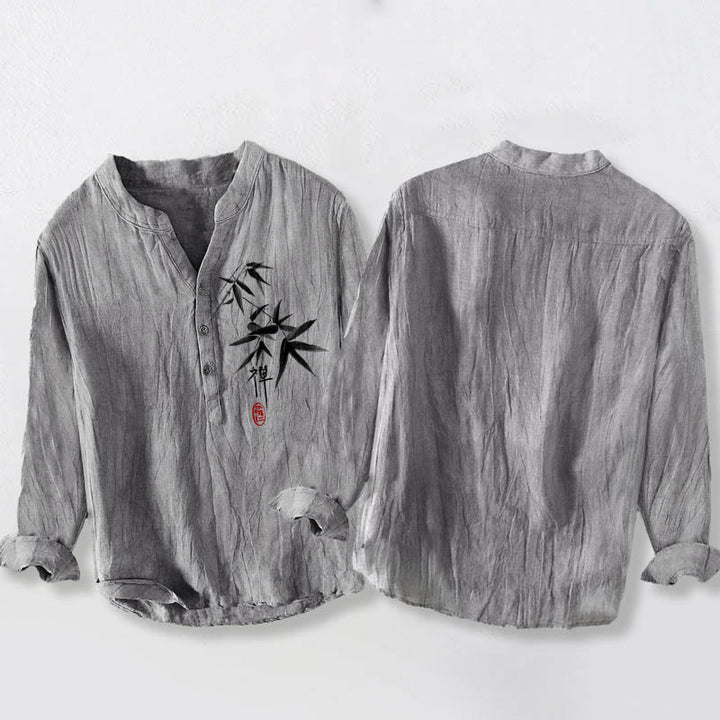 Camicia da uomo in cotone e lino a maniche lunghe con motivo Buddha Stones Bamboo Zen Character e bottoni a metà - image 5