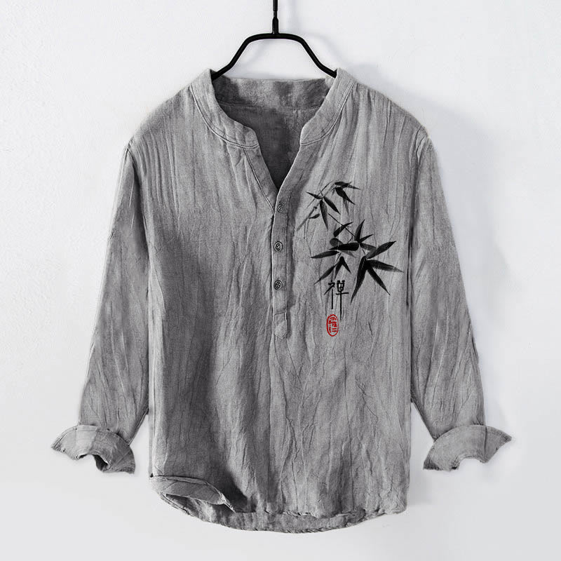 Camicia da uomo in cotone e lino a maniche lunghe con motivo Buddha Stones Bamboo Zen Character e bottoni a metà - Grigio - US/UK/AU50, EU60 (5XL) - image 3