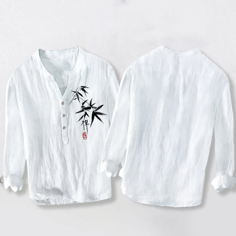 Camicia da uomo in cotone e lino a maniche lunghe con motivo Buddha Stones Bamboo Zen Character e bottoni a metà - image 8