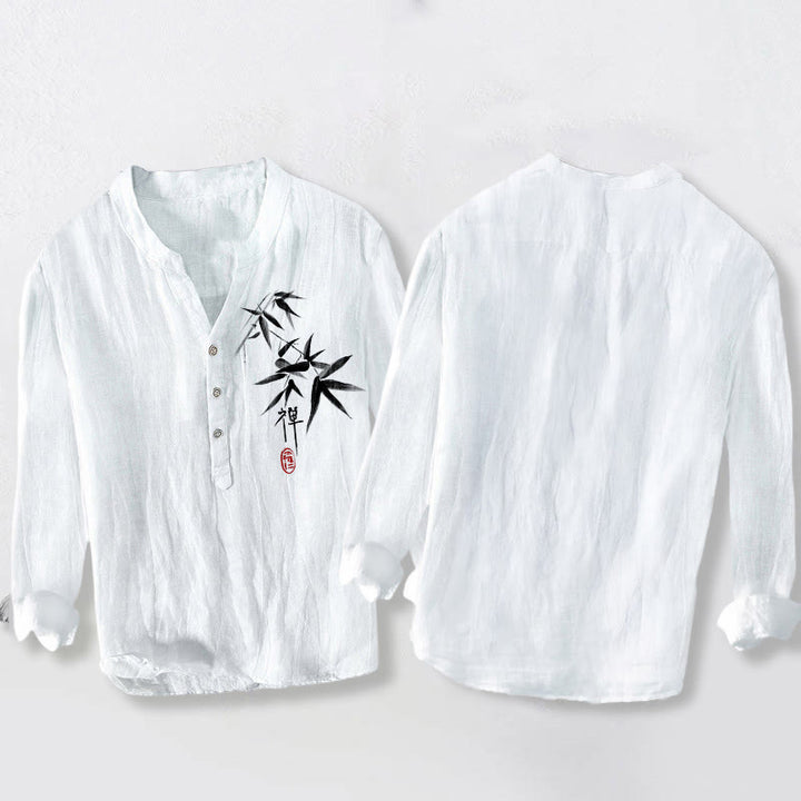 Camicia da uomo in cotone e lino a maniche lunghe con motivo Buddha Stones Bamboo Zen Character e bottoni a metà - image 8