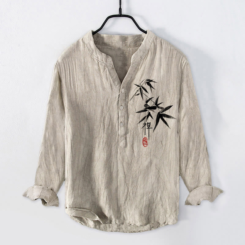 Camicia da uomo in cotone e lino a maniche lunghe con motivo Buddha Stones Bamboo Zen Character e bottoni a metà - Biancheria - US/UK/AU50, EU60 (5XL) - image 0