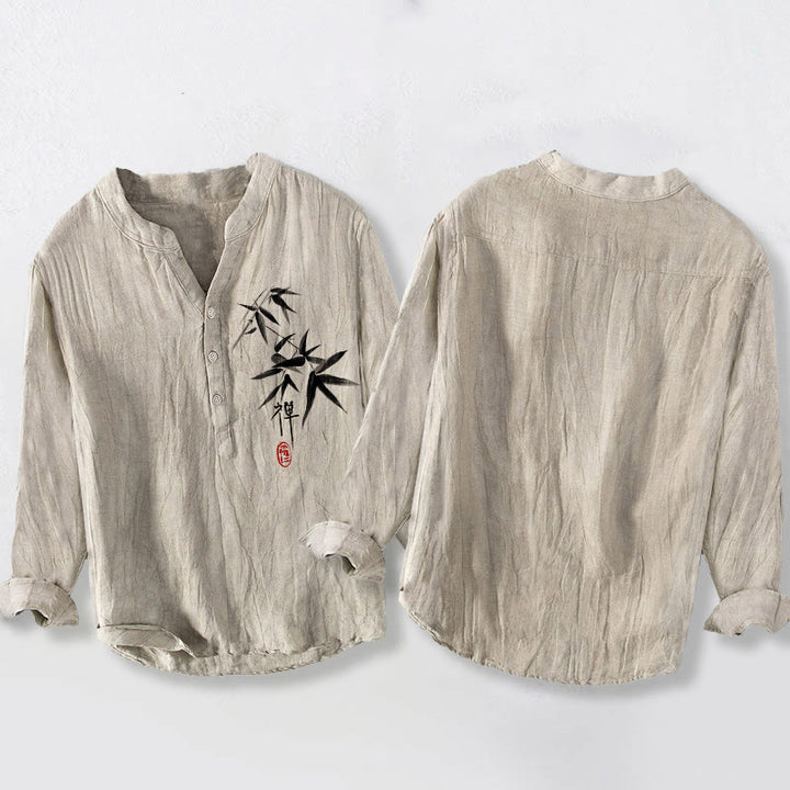 Camicia da uomo in cotone e lino a maniche lunghe con motivo Buddha Stones Bamboo Zen Character e bottoni a metà - image 2