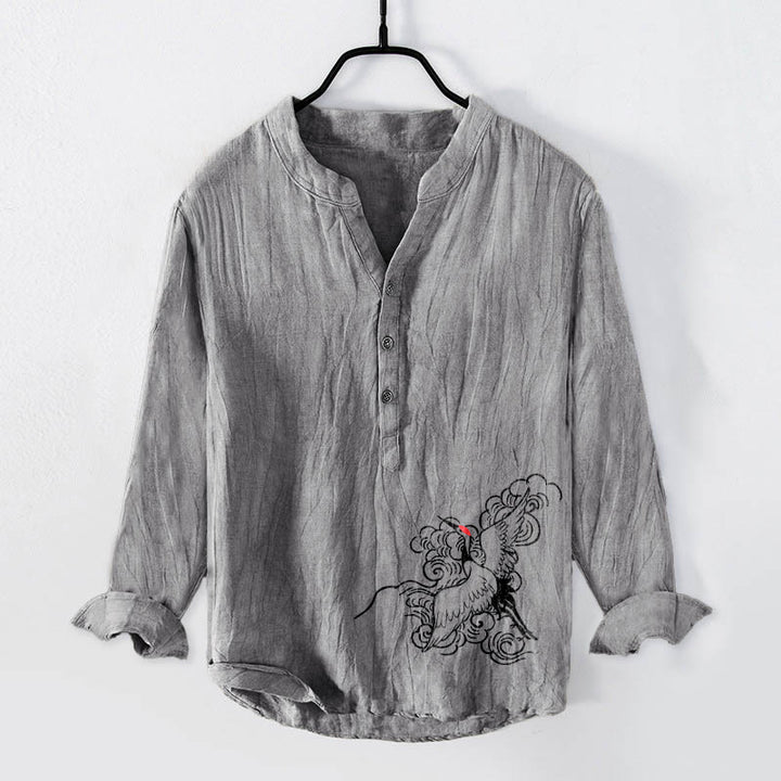 Buddha Stones da uomo in cotone e lino a maniche lunghe con motivo a gru coronata rossa, nuvole e bottoni a metà - Grigio - US/UK/AU50, EU60 (5XL) - image 3