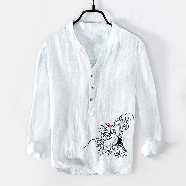 Buddha Stones da uomo in cotone e lino a maniche lunghe con motivo a gru coronata rossa, nuvole e bottoni a metà - Bianco - US/UK/AU50, EU60 (5XL) - image 6