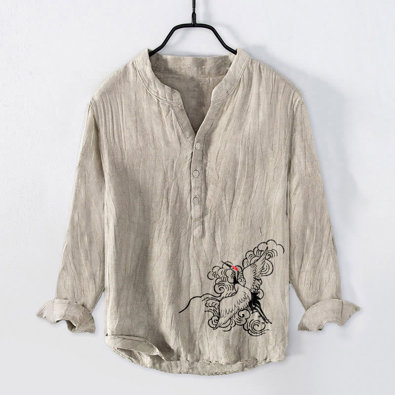 Buddha Stones da uomo in cotone e lino a maniche lunghe con motivo a gru coronata rossa, nuvole e bottoni a metà - Biancheria - US/UK/AU50, EU60 (5XL) - image 0