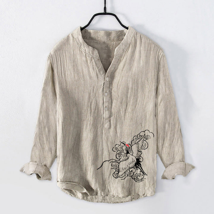 Buddha Stones da uomo in cotone e lino a maniche lunghe con motivo a gru coronata rossa, nuvole e bottoni a metà - Biancheria - US/UK/AU50, EU60 (5XL) - image 0