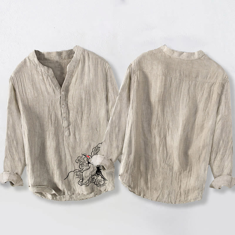 Buddha Stones da uomo in cotone e lino a maniche lunghe con motivo a gru coronata rossa, nuvole e bottoni a metà - image 2