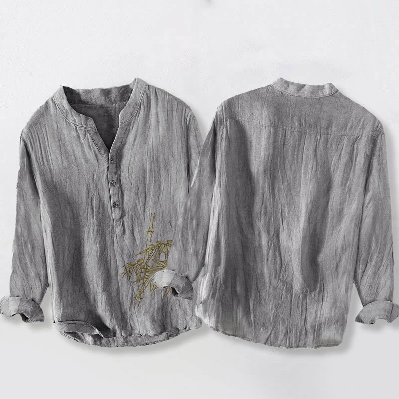 Camicia da uomo in cotone e lino a maniche lunghe con motivo Buddha Stones Bamboo Leaves e bottoni a metà - image 5