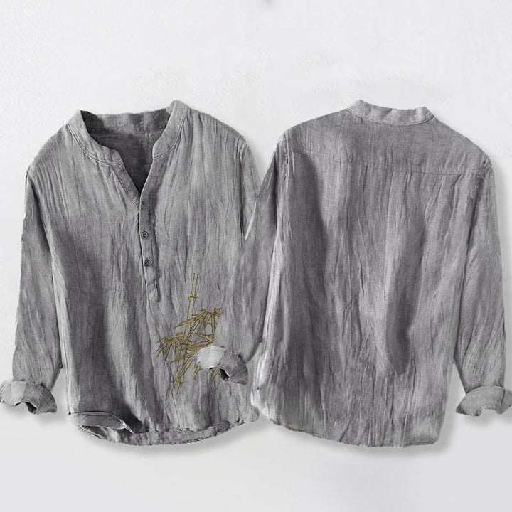 Camicia da uomo in cotone e lino a maniche lunghe con motivo Buddha Stones Bamboo Leaves e bottoni a metà - image 5