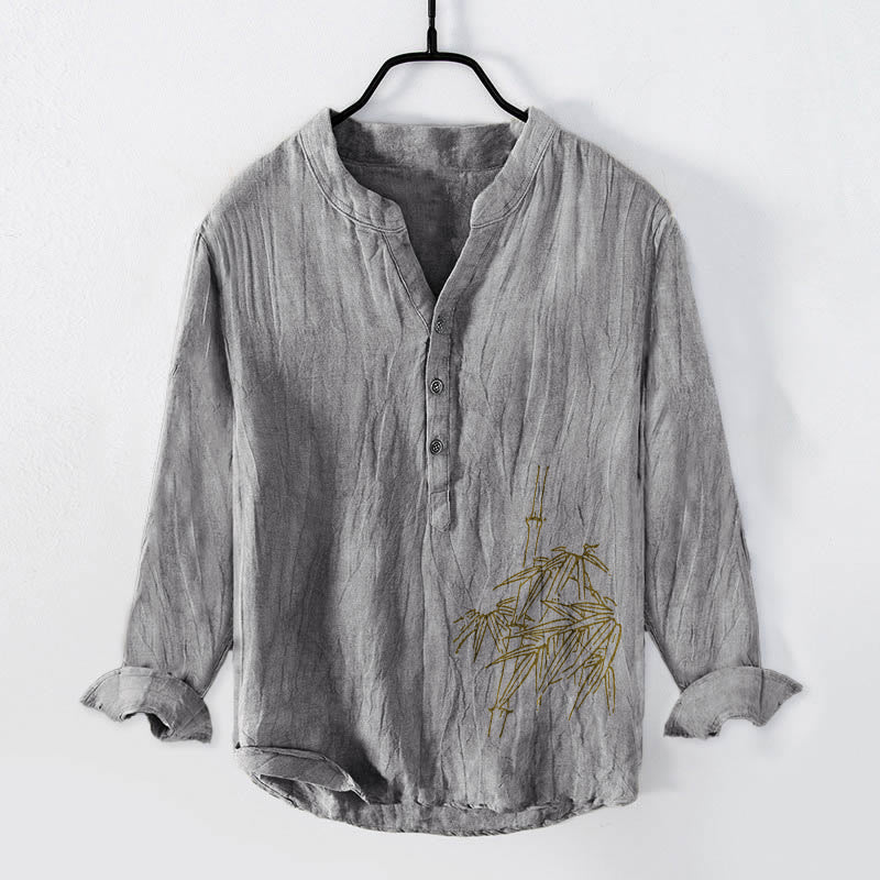 Camicia da uomo in cotone e lino a maniche lunghe con motivo Buddha Stones Bamboo Leaves e bottoni a metà - Grigio - US/UK/AU50, EU60 (5XL) - image 3