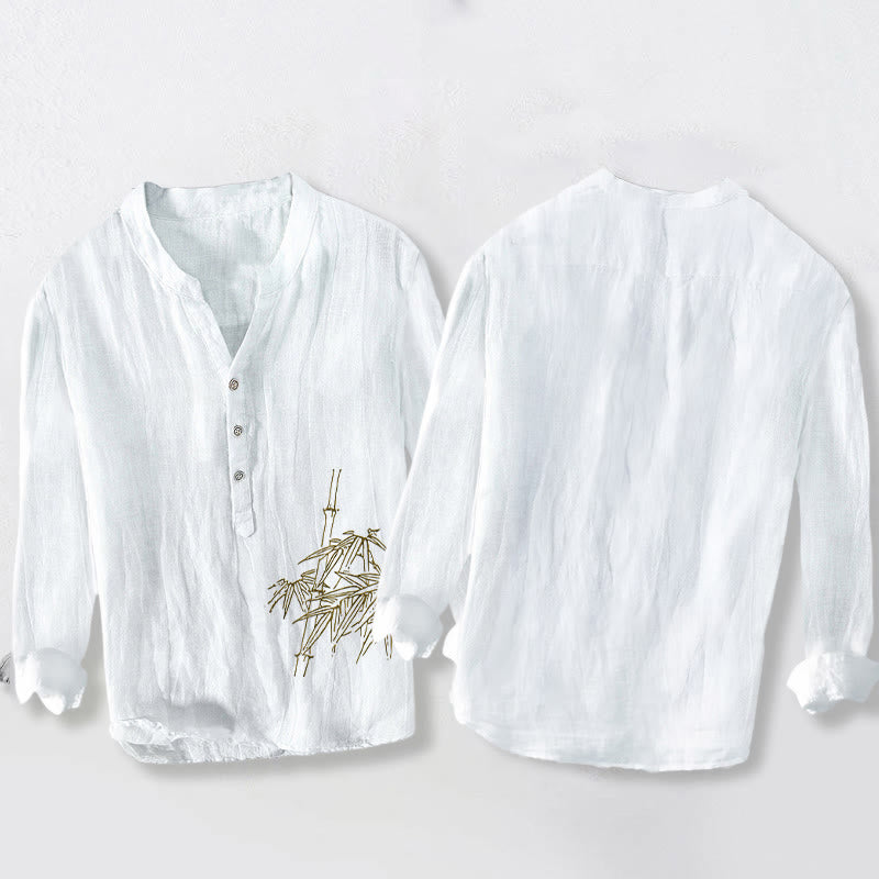 Camicia da uomo in cotone e lino a maniche lunghe con motivo Buddha Stones Bamboo Leaves e bottoni a metà - image 2