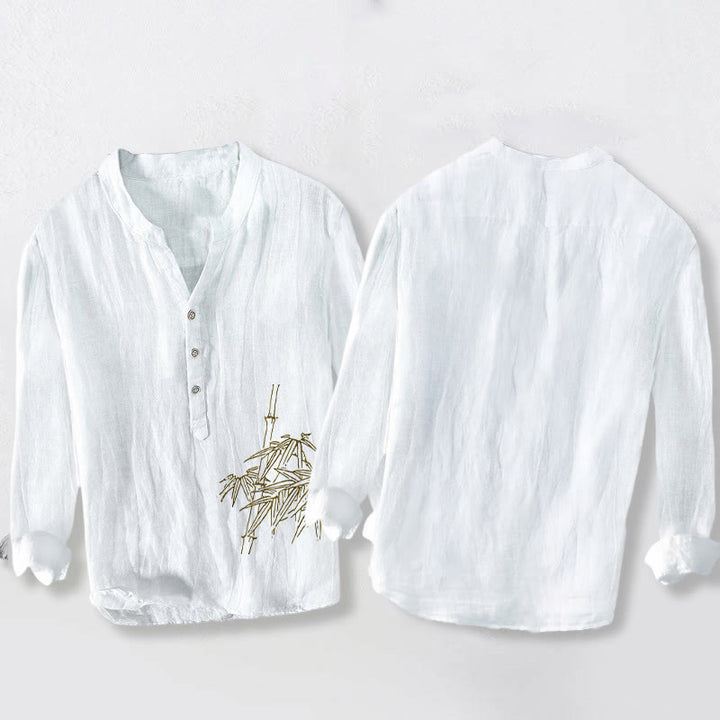 Camicia da uomo in cotone e lino a maniche lunghe con motivo Buddha Stones Bamboo Leaves e bottoni a metà - image 2