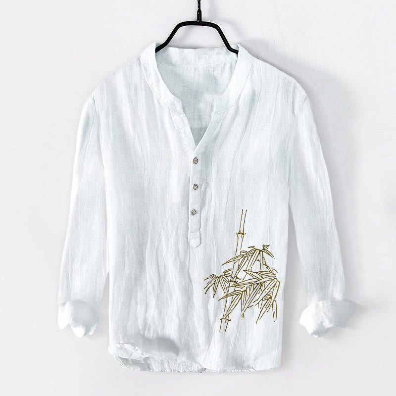 Camicia da uomo in cotone e lino a maniche lunghe con motivo Buddha Stones Bamboo Leaves e bottoni a metà - Bianco - US/UK/AU50, EU60 (5XL) - image 0