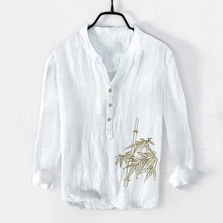 Camicia da uomo in cotone e lino a maniche lunghe con motivo Buddha Stones Bamboo Leaves e bottoni a metà - Bianco - US/UK/AU50, EU60 (5XL) - image 0