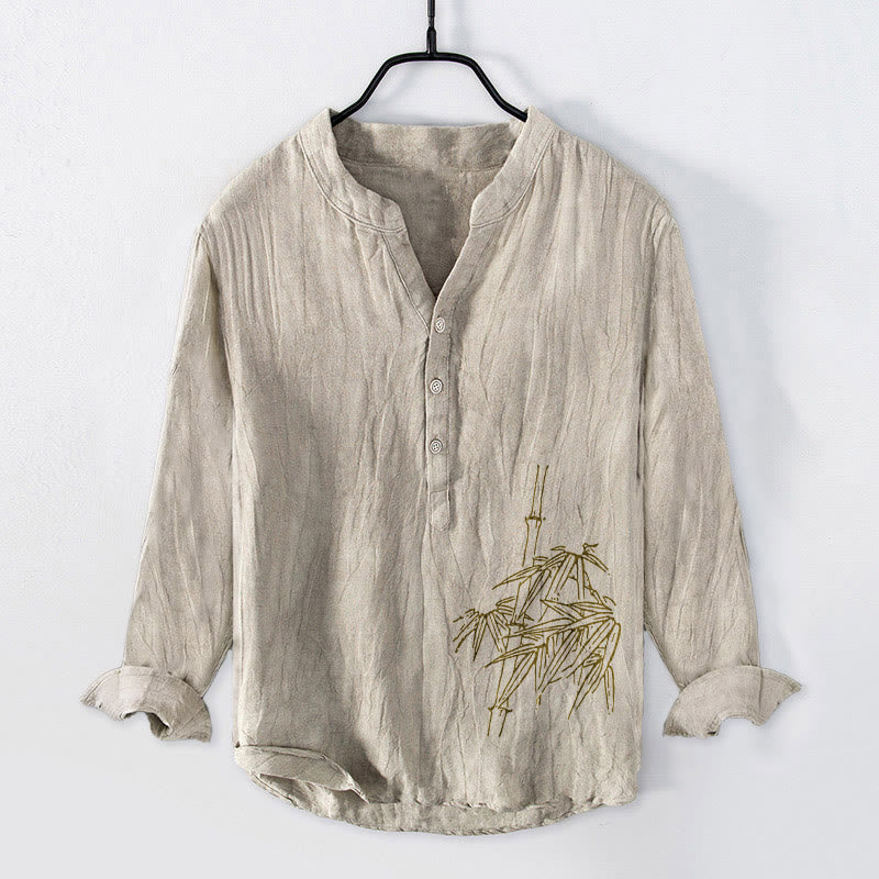 Camicia da uomo in cotone e lino a maniche lunghe con motivo Buddha Stones Bamboo Leaves e bottoni a metà - Biancheria - US/UK/AU50, EU60 (5XL) - image 6