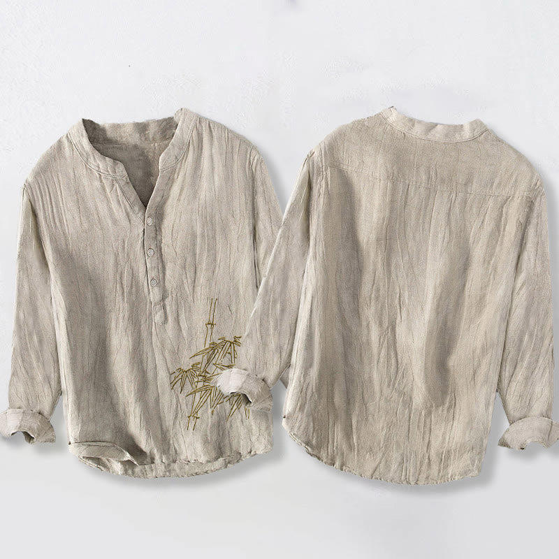 Camicia da uomo in cotone e lino a maniche lunghe con motivo Buddha Stones Bamboo Leaves e bottoni a metà - image 8