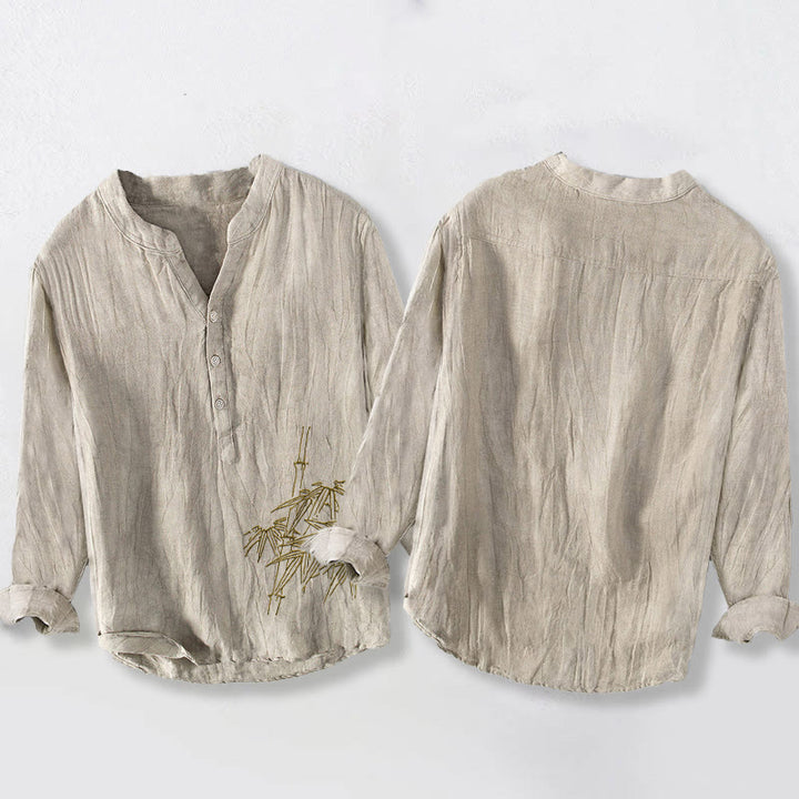 Camicia da uomo in cotone e lino a maniche lunghe con motivo Buddha Stones Bamboo Leaves e bottoni a metà - image 8