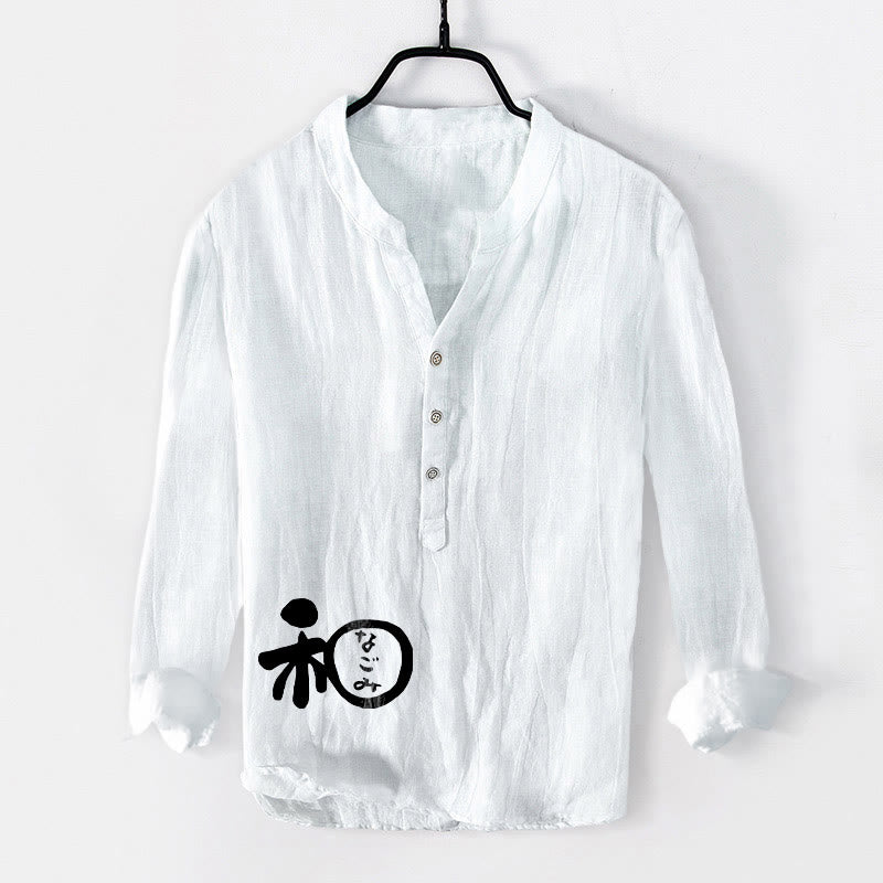 Camicia da uomo in cotone e lino a maniche lunghe con motivo di armonia di caratteri cinesi Buddha Stones - Bianco - US/UK/AU50, EU60 (5XL) - image 0