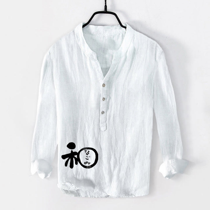 Camicia da uomo in cotone e lino a maniche lunghe con motivo di armonia di caratteri cinesi Buddha Stones - Bianco - US/UK/AU50, EU60 (5XL) - image 0