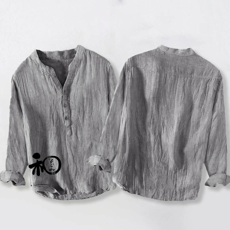 Camicia da uomo in cotone e lino a maniche lunghe con motivo di armonia di caratteri cinesi Buddha Stones - image 8