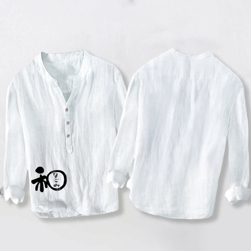 Camicia da uomo in cotone e lino a maniche lunghe con motivo di armonia di caratteri cinesi Buddha Stones - image 2