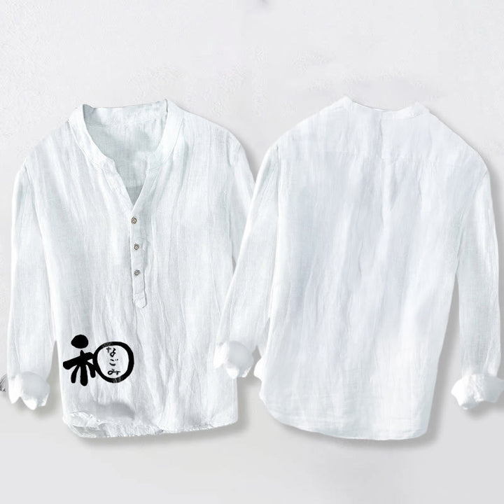 Camicia da uomo in cotone e lino a maniche lunghe con motivo di armonia di caratteri cinesi Buddha Stones - image 2