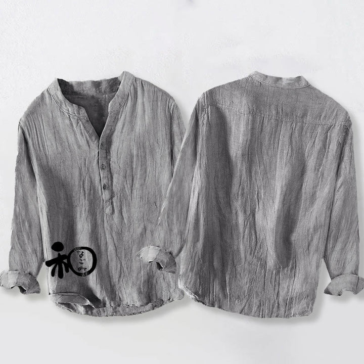 Camicia da uomo in cotone e lino a maniche lunghe con motivo di armonia di caratteri cinesi Buddha Stones - image 8