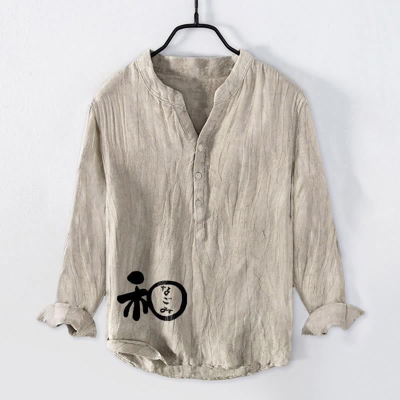 Camicia da uomo in cotone e lino a maniche lunghe con motivo di armonia di caratteri cinesi Buddha Stones - Biancheria - US/UK/AU50, EU60 (5XL) - image 3