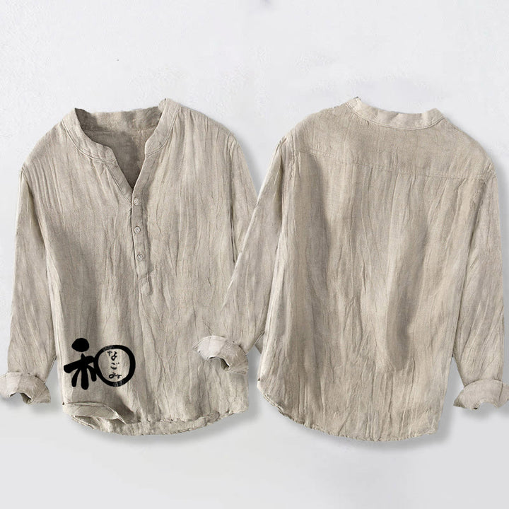 Camicia da uomo in cotone e lino a maniche lunghe con motivo di armonia di caratteri cinesi Buddha Stones - image 5