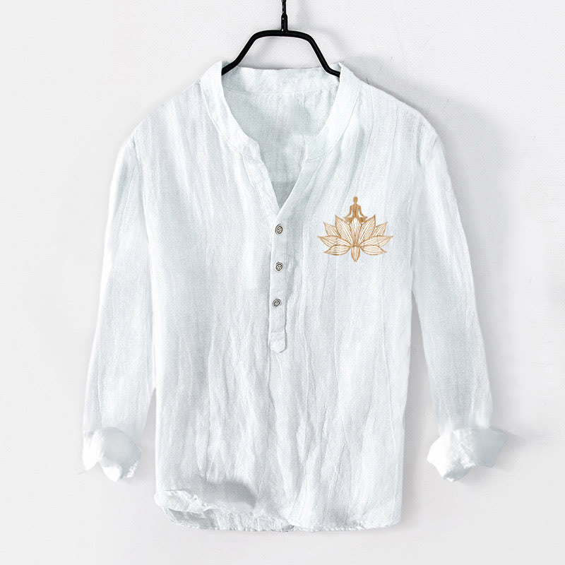Camicia da uomo in cotone e lino a maniche lunghe con motivo a loto e motivo a Buddha Stones - image 7