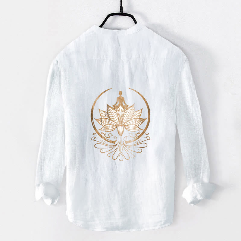 Camicia da uomo in cotone e lino a maniche lunghe con motivo a loto e motivo a Buddha Stones - image 8