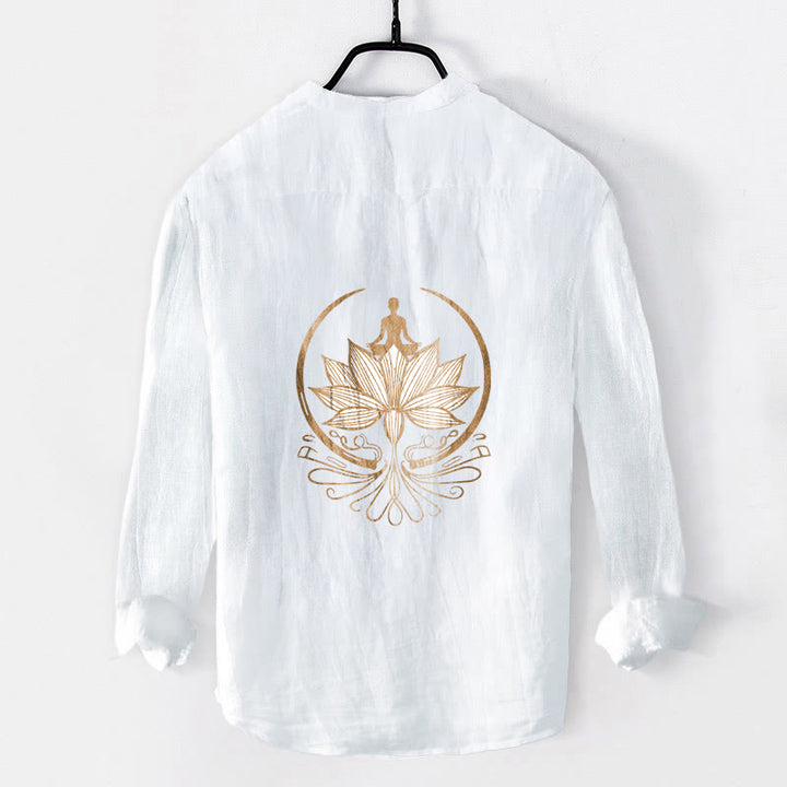 Camicia da uomo in cotone e lino a maniche lunghe con motivo a loto e motivo a Buddha Stones - image 8