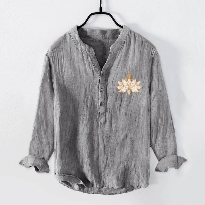Camicia da uomo in cotone e lino a maniche lunghe con motivo a loto e motivo a Buddha Stones - image 1
