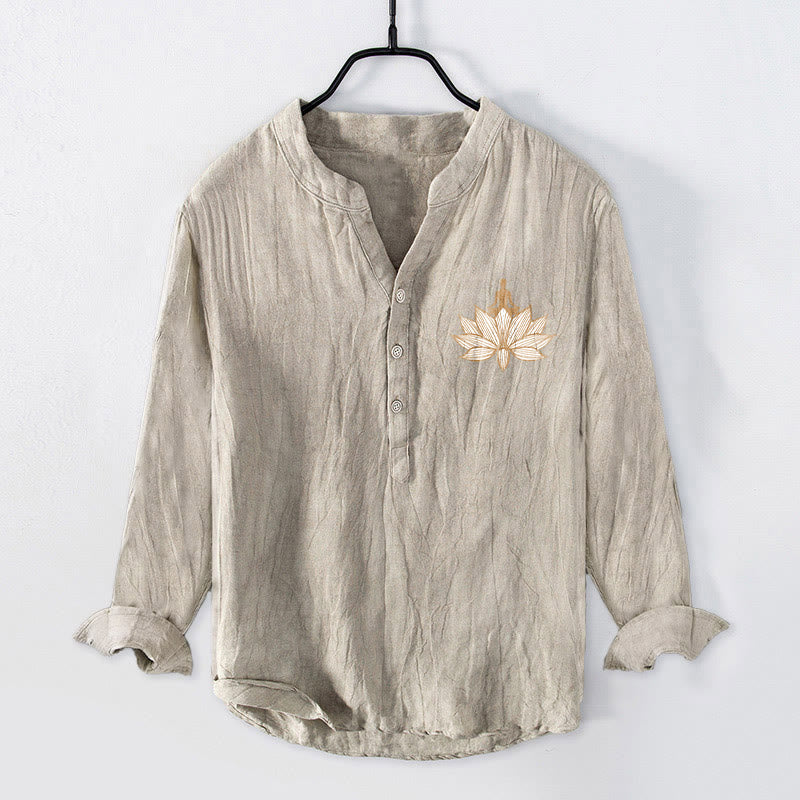 Camicia da uomo in cotone e lino a maniche lunghe con motivo a loto e motivo a Buddha Stones - image 4