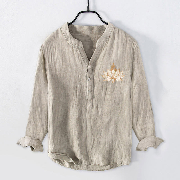 Camicia da uomo in cotone e lino a maniche lunghe con motivo a loto e motivo a Buddha Stones - image 4