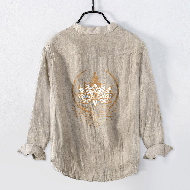 Camicia da uomo in cotone e lino a maniche lunghe con motivo a loto e motivo a Buddha Stones - image 5