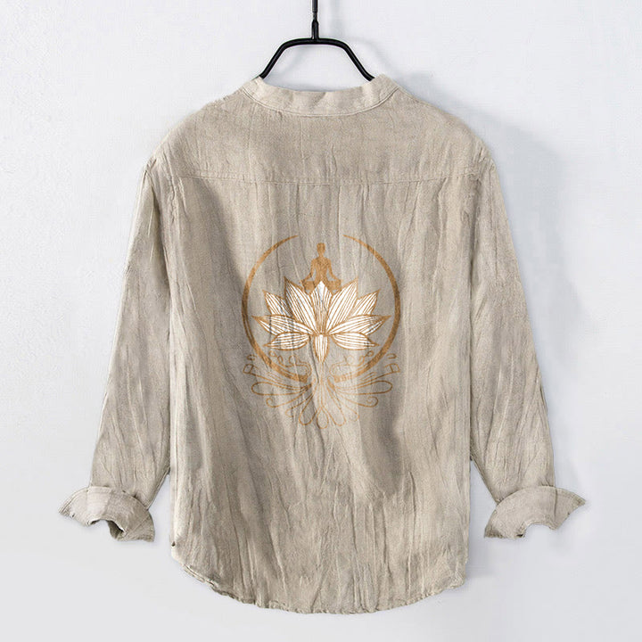 Camicia da uomo in cotone e lino a maniche lunghe con motivo a loto e motivo a Buddha Stones - image 5