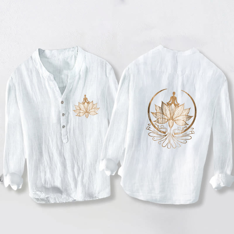 Camicia da uomo in cotone e lino a maniche lunghe con motivo a loto e motivo a Buddha Stones - Bianco - US/UK/AU50, EU60 (5XL) - image 6