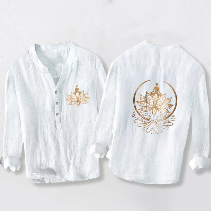 Camicia da uomo in cotone e lino a maniche lunghe con motivo a loto e motivo a Buddha Stones - Bianco - US/UK/AU50, EU60 (5XL) - image 6