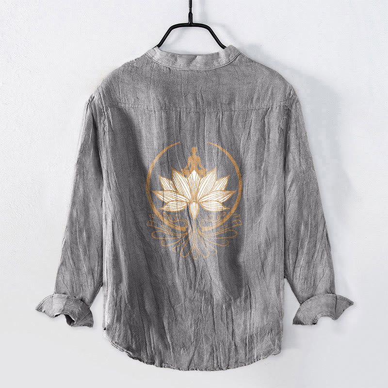 Camicia da uomo in cotone e lino a maniche lunghe con motivo a loto e motivo a Buddha Stones - image 2