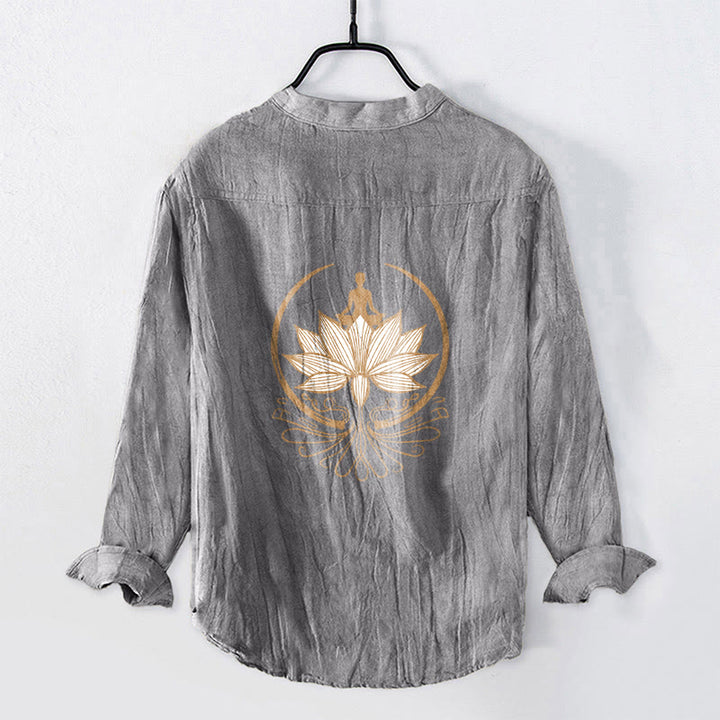 Camicia da uomo in cotone e lino a maniche lunghe con motivo a loto e motivo a Buddha Stones - image 2